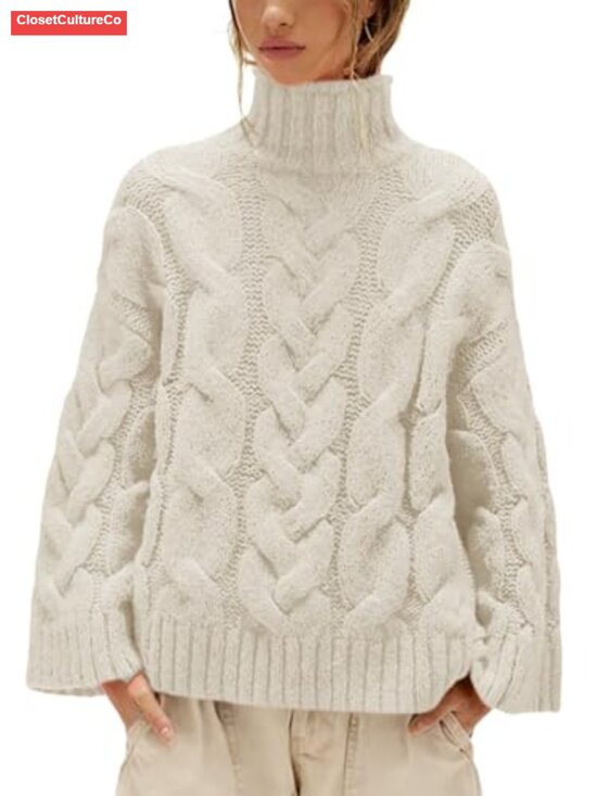 Sweaters - Chunky Cable Knit Turtleneck Sweater Oversized Fall Pullover